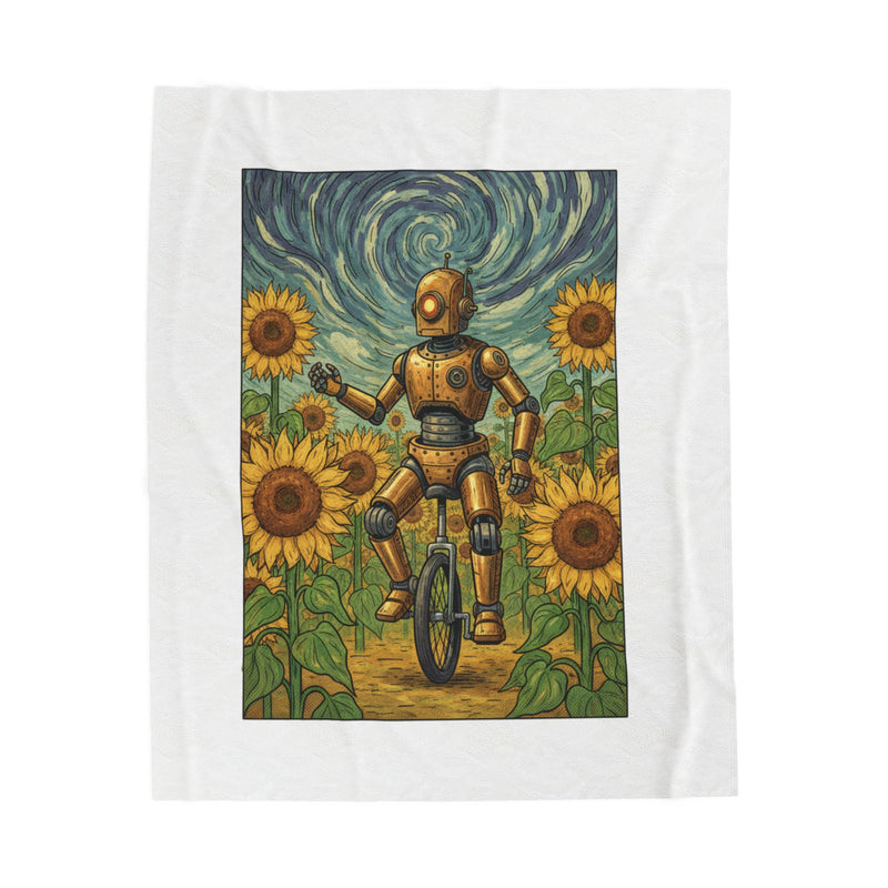 Robot in Sunflowers Velveteen Blanket — Cozy Vintage Sci‑Fi Throw