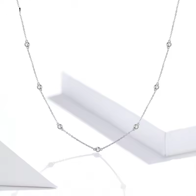WOSTU Mossanite Station Wedding Chain Necklace For Women, 925 Sterling Silver 18K Gold Diamond Cut BTY Layering Choker Necklaces
