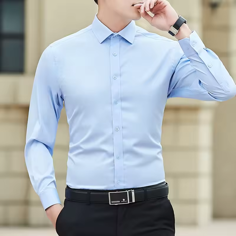 New Plus Size Men Solid Color Business Shirt Fashion Classic Basic Casual Slim White Long Sleeve Shirt Brand Clothes