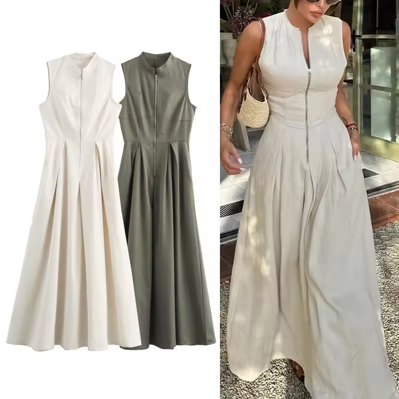 MUJER Zipper Long Dress Woman Pleated Sleeveless Bodycon Dress Summer Elegant Party Dresses For Women 2025 New Midi Dresses